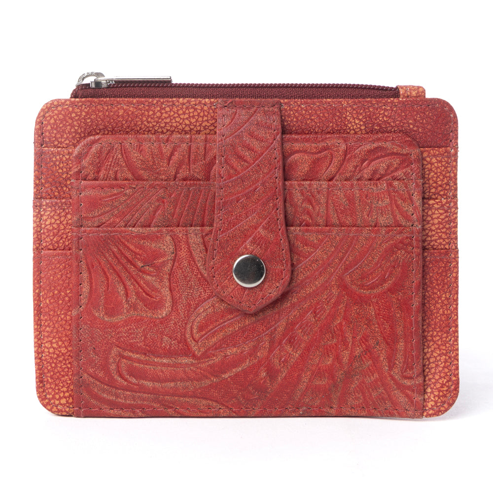 Myra Driftwood Cove Embossed Leather Credit Card Holder in Coral Red