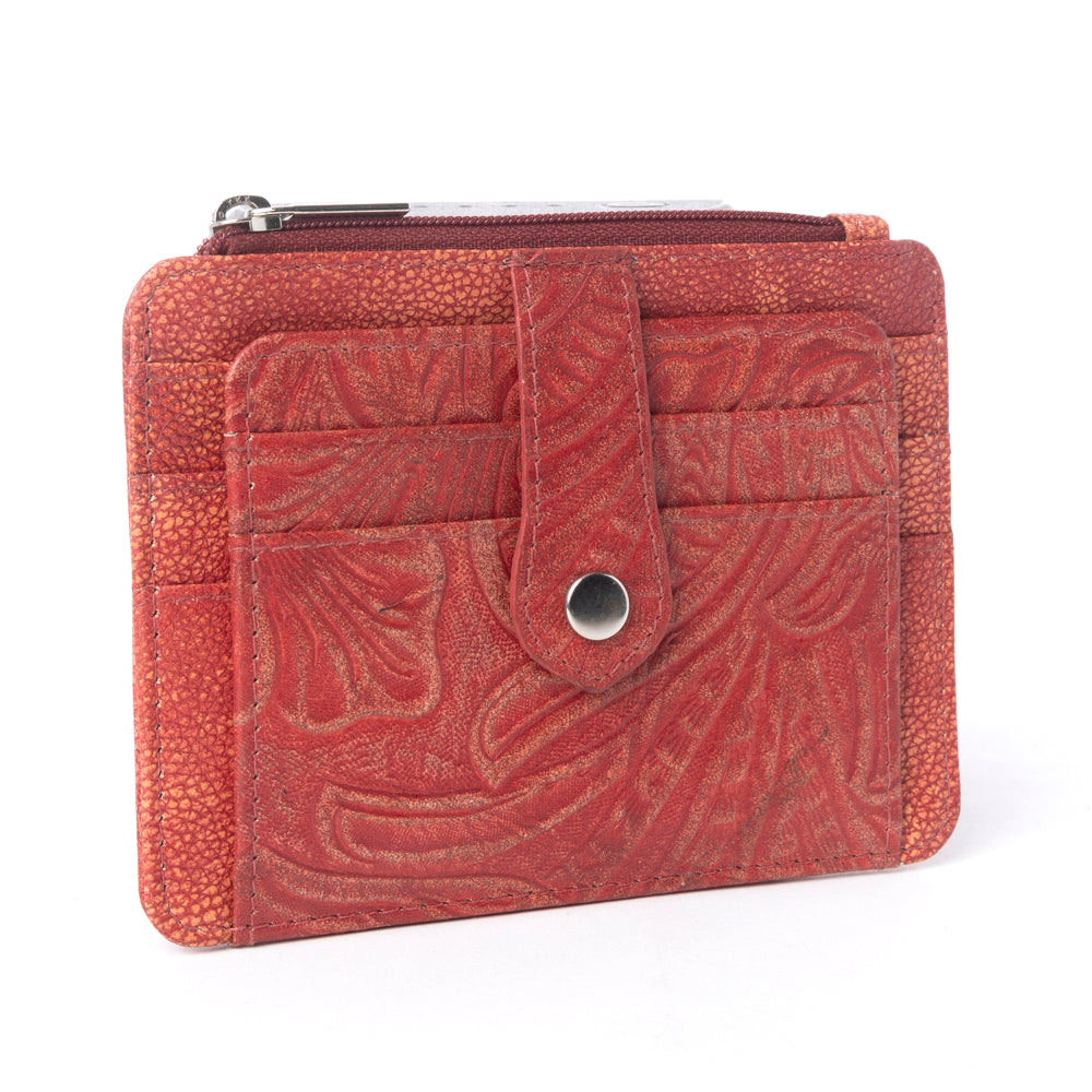 Myra Driftwood Cove Embossed Leather Credit Card Holder in Coral Red
