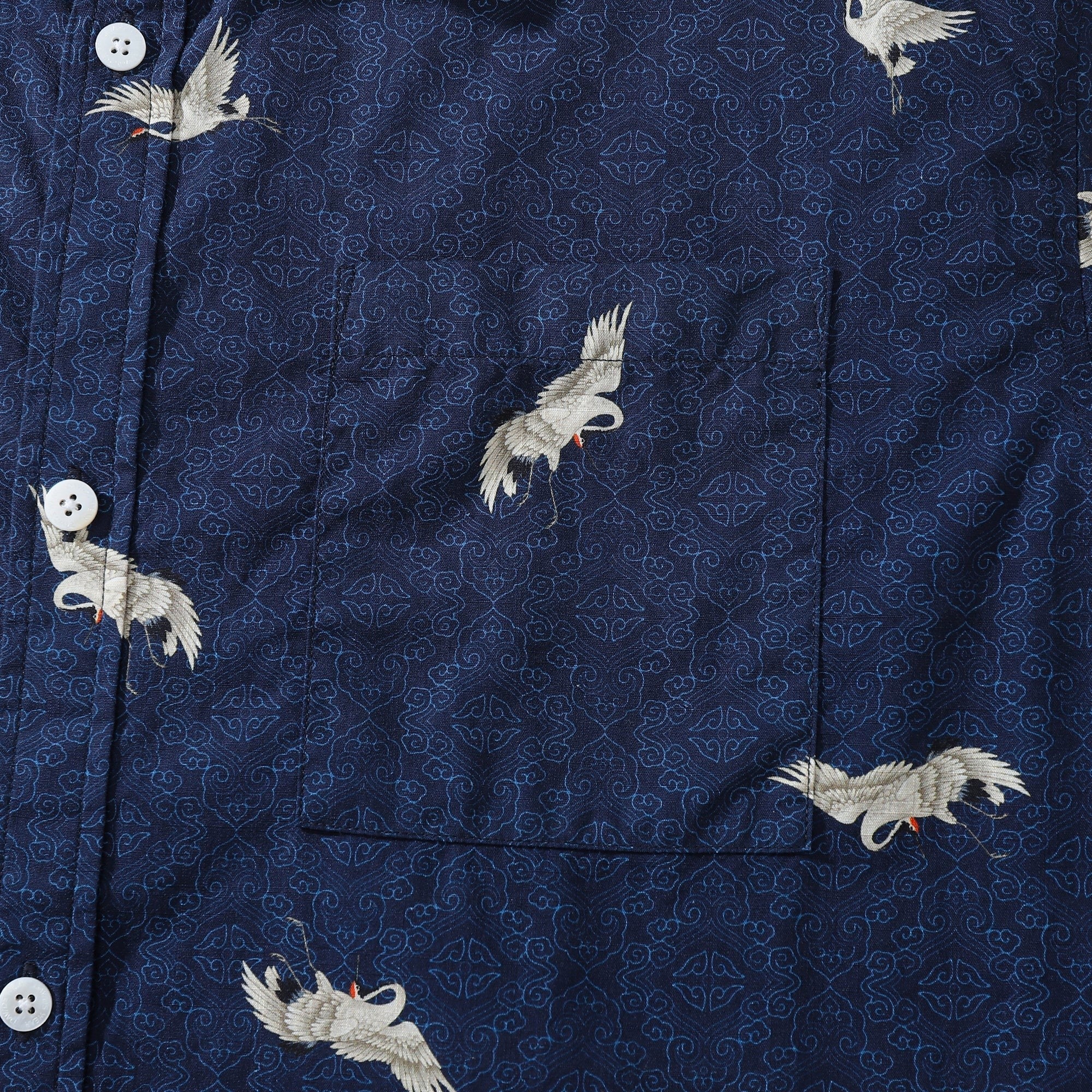 Hawaiian Shirt For Men Crane Print Short Sleeve Cotton Button Down - Blue