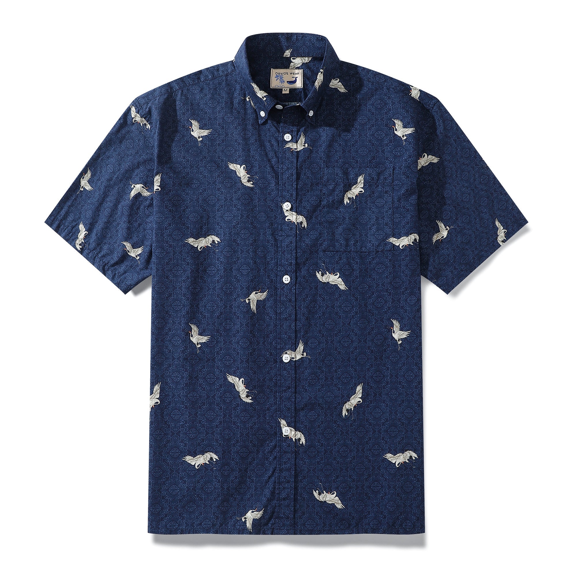 Hawaiian Shirt For Men Crane Print Short Sleeve Cotton Button Down - Blue